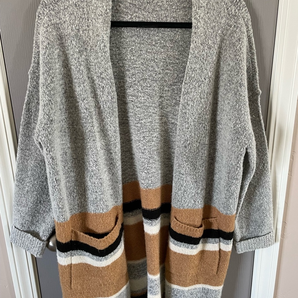 Maurices Gray and Brown Open-Front Long Cardigan Sweater